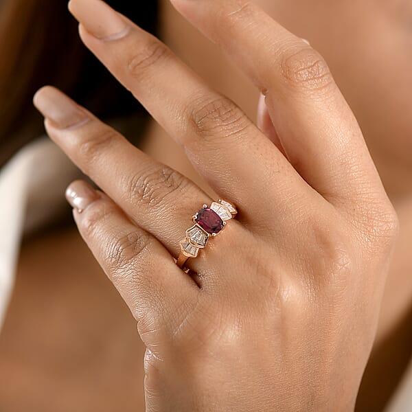 Shop Lc D'Joy Premium Malawi Magenta Garnet And Moissanite 1.85 Ctw Deco Flair Ring In 18K Vermeil Rose Gold Over Sterling Silver