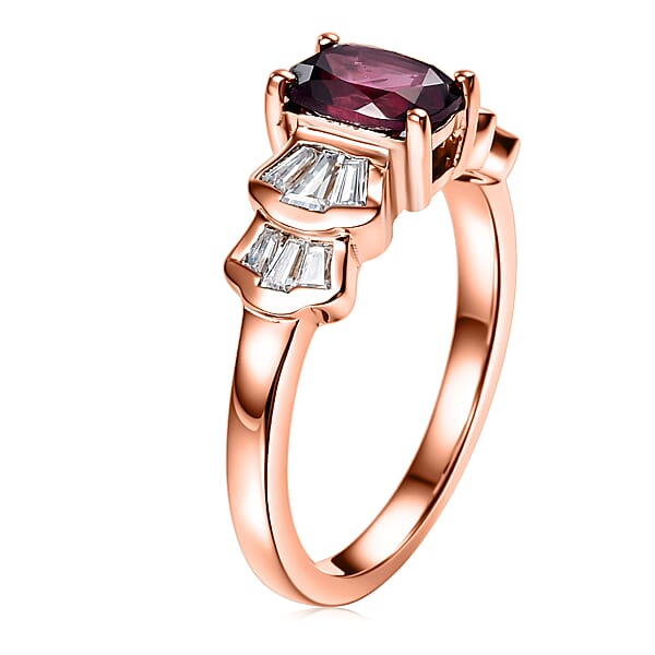 Shop Lc D'Joy Premium Malawi Magenta Garnet And Moissanite 1.85 Ctw Deco Flair Ring In 18K Vermeil Rose Gold Over Sterling Silver