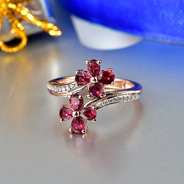 Shop Lc D'Joy Premium Malawi Magenta Garnet And Moissanite 1.70 Ctw Floral Affair Ring In 18K Vermeil Rose Gold Over Sterling Silver