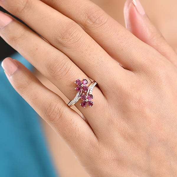 Shop Lc D'Joy Premium Malawi Magenta Garnet And Moissanite 1.70 Ctw Floral Affair Ring In 18K Vermeil Rose Gold Over Sterling Silver