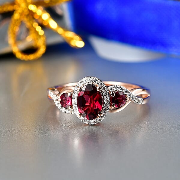 Shop Lc D'Joy Premium Malawi Magenta Garnet And Moissanite 1.50 Ctw Twilight Ribbon Ring In 18K Vermeil Rose Gold Over Sterling Silver