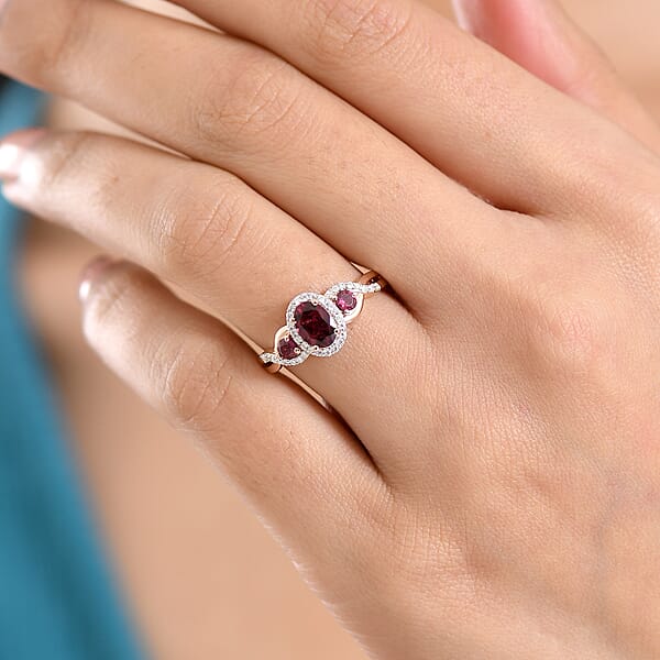 Shop Lc D'Joy Premium Malawi Magenta Garnet And Moissanite 1.50 Ctw Twilight Ribbon Ring In 18K Vermeil Rose Gold Over Sterling Silver