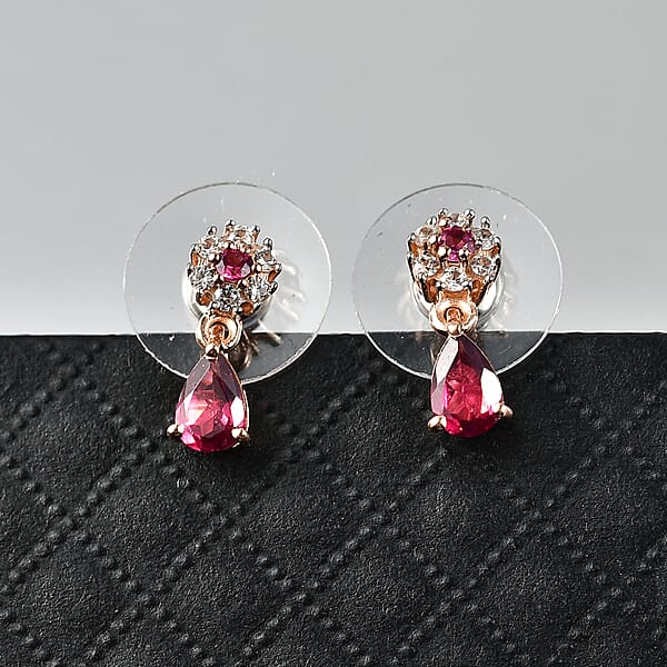 Shop Lc D'Joy Premium Malawi Magenta Garnet And White Zircon 1.35 Ctw Blossom Drop Earrings In 18K Vermeil Rose Gold Over Sterling Silver
