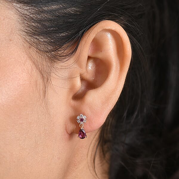 Shop Lc D'Joy Premium Malawi Magenta Garnet And White Zircon 1.35 Ctw Blossom Drop Earrings In 18K Vermeil Rose Gold Over Sterling Silver