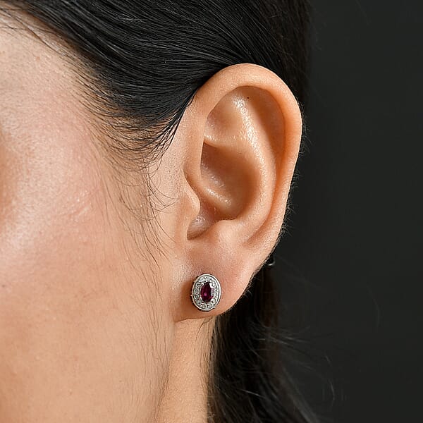 Shop Lc D'Joy Premium Malawi Magenta Garnet White And Chocolate Zircon 1.50 Ctw Crown Studs Earrings In Rhodium Over Sterling Silver