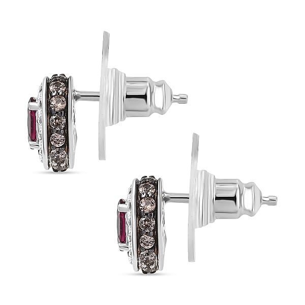 Shop Lc D'Joy Premium Malawi Magenta Garnet White And Chocolate Zircon 1.50 Ctw Crown Studs Earrings In Rhodium Over Sterling Silver