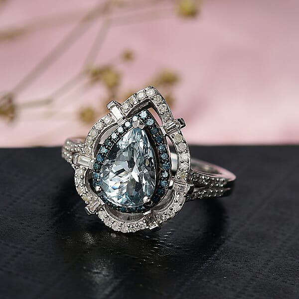 Shop Lc D'Joy Premium Mangoro Aquamarine And Blue And White Diamond 2.00 Ctw Radial Architecture Ring In Rhodium Over Sterling Silver