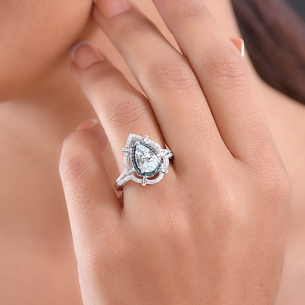 Shop Lc D'Joy Premium Mangoro Aquamarine And Blue And White Diamond 2.00 Ctw Radial Architecture Ring In Rhodium Over Sterling Silver