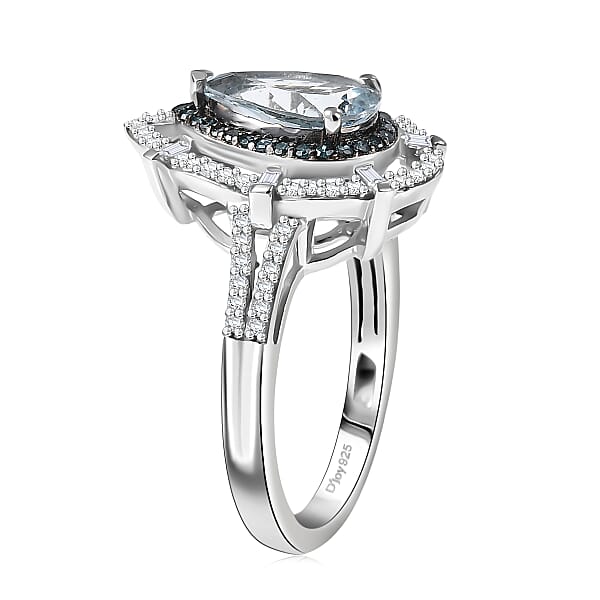 Shop Lc D'Joy Premium Mangoro Aquamarine And Blue And White Diamond 2.00 Ctw Radial Architecture Ring In Rhodium Over Sterling Silver