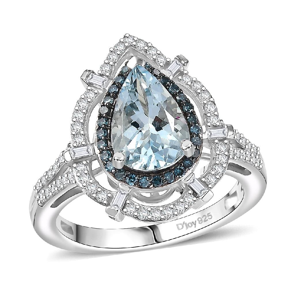 shop lc D'Joy Premium Mangoro Aquamarine and Blue and White Diamond 2.00 ctw Radial Architecture Ring in Rhodium Over Sterling Silver