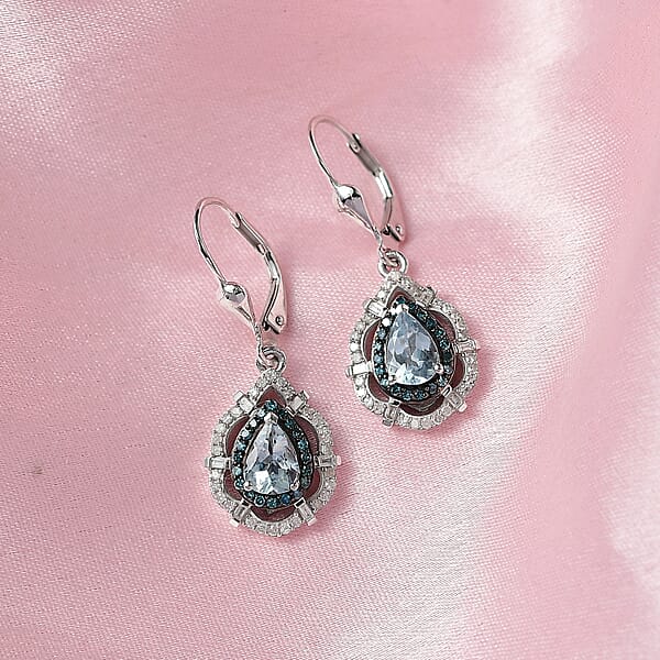 Shop Lc D'Joy Premium Mangoro Aquamarine Blue And White Diamond 1.65 Ctw Radial Architecture Earrings In Rhodium Over Sterling Silver