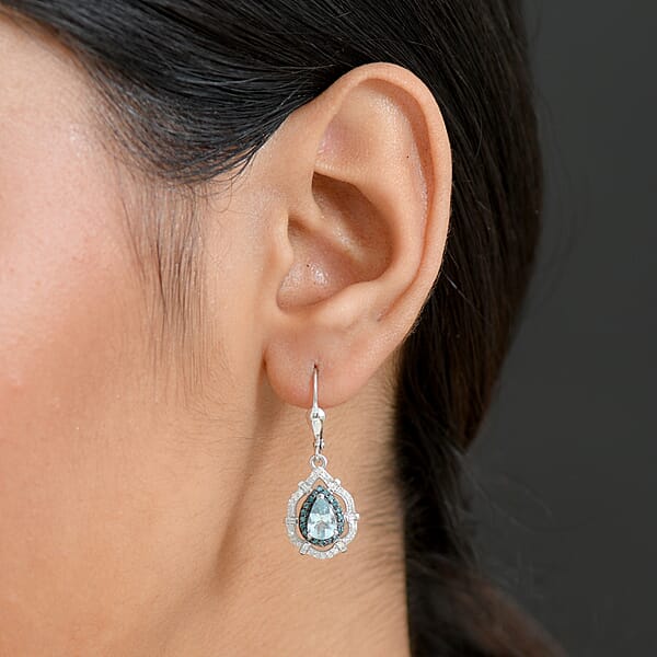 Shop Lc D'Joy Premium Mangoro Aquamarine Blue And White Diamond 1.65 Ctw Radial Architecture Earrings In Rhodium Over Sterling Silver