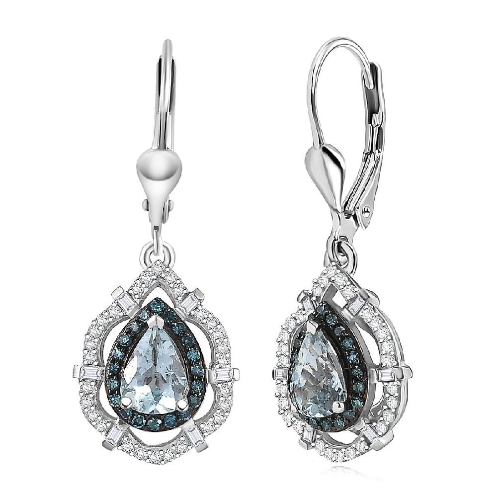shop lc D'Joy Premium Mangoro Aquamarine Blue and White Diamond 1.65 ctw Radial Architecture Earrings in Rhodium Over Sterling Silver