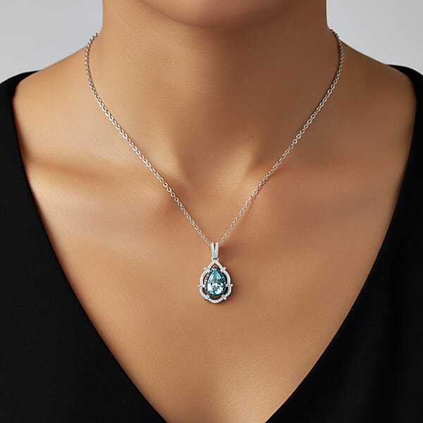 Shop Lc D'Joy Premium Mangoro Aquamarine Blue Diamond And Diamond 1.90 Ctw Radial Architecture Pendant Necklace In Rhodium Over Sterling Silver 20 Inches