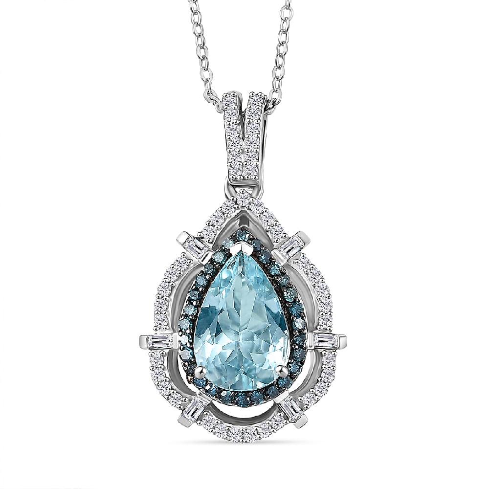 shop lc D'Joy Premium Mangoro Aquamarine Blue Diamond and Diamond 1.90 ctw Radial Architecture Pendant Necklace in Rhodium Over Sterling Silver 20 Inches