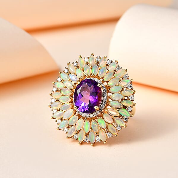 Shop Lc D'Joy Premium Mashamba Amethyst And Multi Gemstone Cocktail Ring In Vermeil Yellow Gold Over Sterling Silver 5.50 Ctw