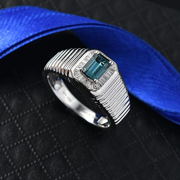 Shop Lc D'Joy Premium Monte Belo Indicolite And Diamond 0.85 Ctw Gilded Royal Regime Men's Ring In Rhodium Over Sterling Silver