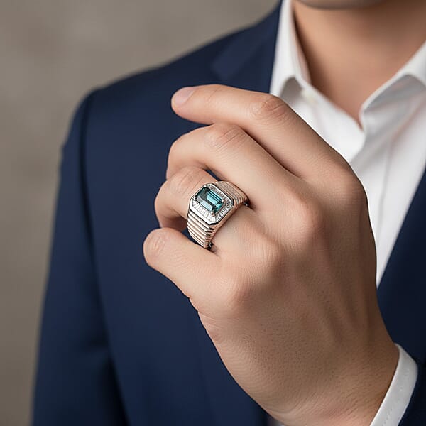 Shop Lc D'Joy Premium Monte Belo Indicolite And Diamond 0.85 Ctw Gilded Royal Regime Men's Ring In Rhodium Over Sterling Silver