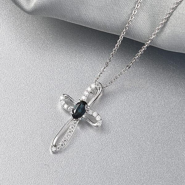 Shop Lc D'Joy Premium Monte Belo Indicolite And Moissanite 0.40 Ctw Royal Azure Cross Pendant Necklace In Rhodium Over Sterling Silver 20 Inches