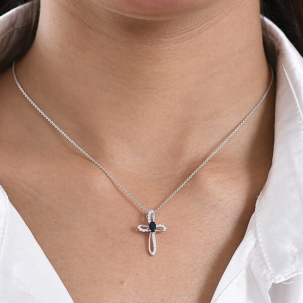 Shop Lc D'Joy Premium Monte Belo Indicolite And Moissanite 0.40 Ctw Royal Azure Cross Pendant Necklace In Rhodium Over Sterling Silver 20 Inches