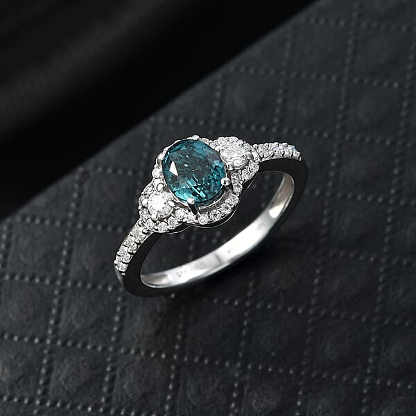 Shop Lc D'Joy Premium Monte Belo Indicolite And Moissanite 1.40 Ctw Trinity Halo Ring In Rhodium Over Sterling Silver