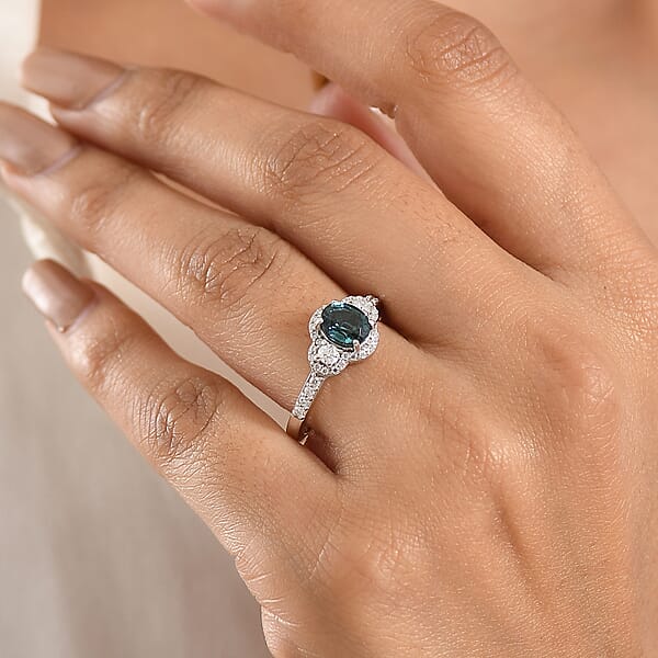 Shop Lc D'Joy Premium Monte Belo Indicolite And Moissanite 1.40 Ctw Trinity Halo Ring In Rhodium Over Sterling Silver