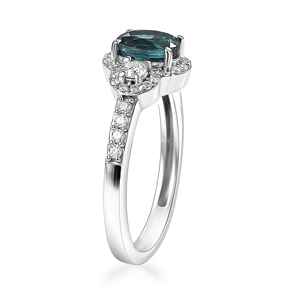 Shop Lc D'Joy Premium Monte Belo Indicolite And Moissanite 1.40 Ctw Trinity Halo Ring In Rhodium Over Sterling Silver