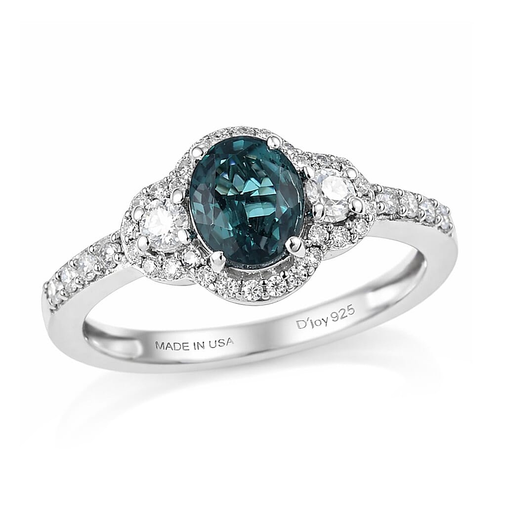 shop lc D'Joy Premium Monte Belo Indicolite and Moissanite 1.40 ctw Trinity Halo Ring in Rhodium Over Sterling Silver