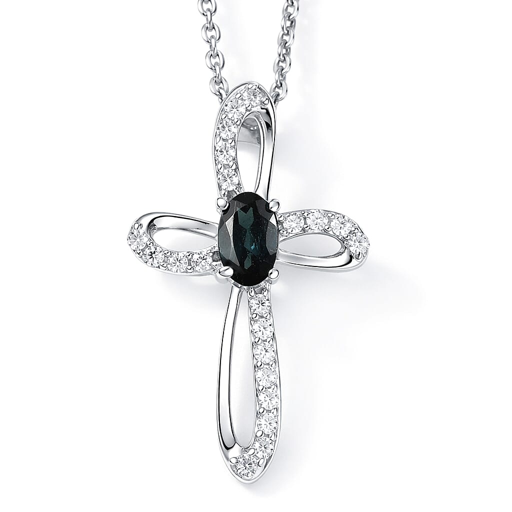 shop lc D'Joy Premium Monte Belo Indicolite and Moissanite 0.40 ctw Royal Azure Cross Pendant Necklace in Rhodium Over Sterling Silver 20 Inches