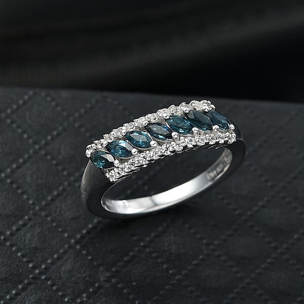 Shop Lc D'Joy Premium Monte Belo Indicolite And White Zircon 0.75 Ctw Flowline Ring In Rhodium Over Sterling Silver