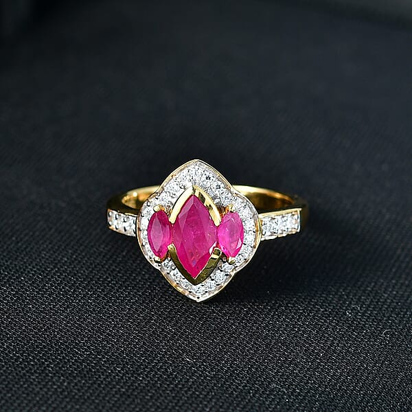 Shop Lc D'Joy Premium Montepuez Ruby And Moissanite 1.75 Ctw Crown Radiance Ring In 18K Vermeil Yellow Gold Over Sterling Silver