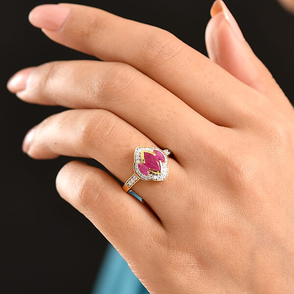 Shop Lc D'Joy Premium Montepuez Ruby And Moissanite 1.75 Ctw Crown Radiance Ring In 18K Vermeil Yellow Gold Over Sterling Silver