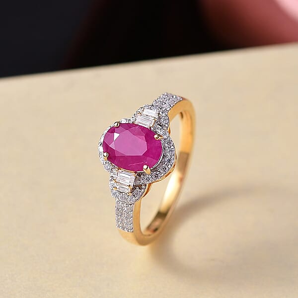 Shop Lc D'Joy Premium Montepuez Ruby And Moissanite 2.00 Ctw Scarlet Radiance Ring In 18K Vermeil Yellow Gold Over Sterling Silver