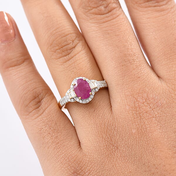 Shop Lc D'Joy Premium Montepuez Ruby And Moissanite 2.00 Ctw Scarlet Radiance Ring In 18K Vermeil Yellow Gold Over Sterling Silver