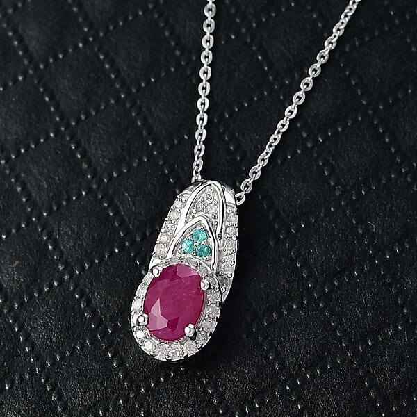 Shop Lc D'Joy Premium Montepuez Ruby Paraiba Tourmaline And Diamond 1.50 Ctw Aquaflame Pendant Necklace In Rhodium Over Sterling Silver 20 Inches
