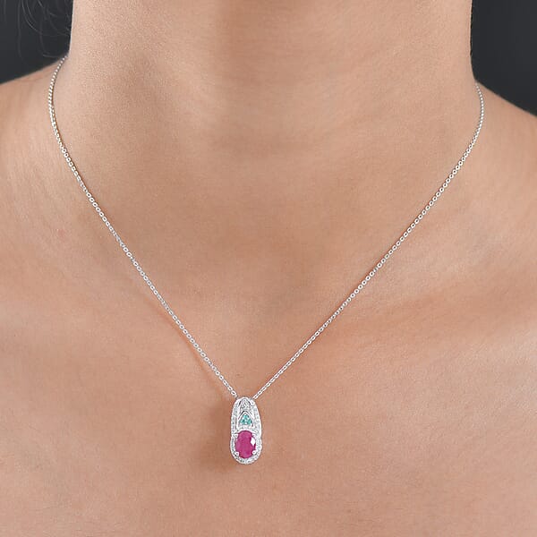 Shop Lc D'Joy Premium Montepuez Ruby Paraiba Tourmaline And Diamond 1.50 Ctw Aquaflame Pendant Necklace In Rhodium Over Sterling Silver 20 Inches
