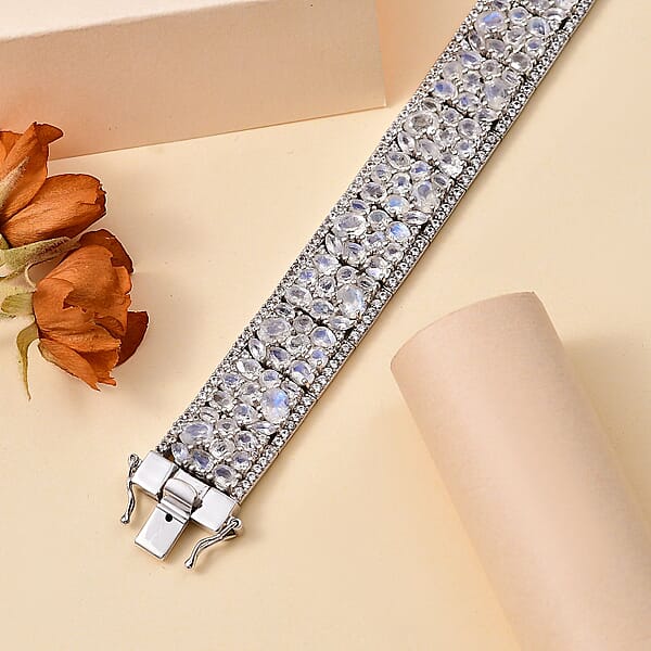 Shop Lc D'Joy Premium Moon Glow Moonstone And White Zircon 29.00 Ctw Carpet Of Stars Bracelet In Rhodium Over Sterling Silver (7.25 In)