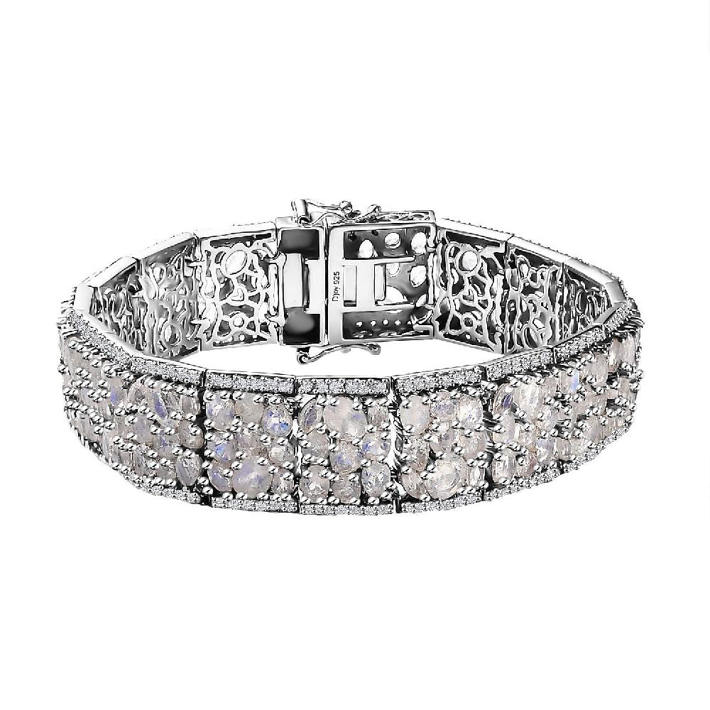 shop lc D'Joy Premium Moon Glow Moonstone and White Zircon 29.00 ctw Carpet of Stars Bracelet in Rhodium Over Sterling Silver (7.25 In)