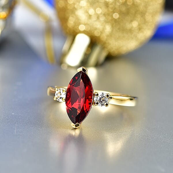 Shop Lc D'Joy Premium Mozambique Garnet And Moissanite 2.20 Ctw Flare Majesty Ring In 18K Vermeil Yellow Gold Over Sterling Silver