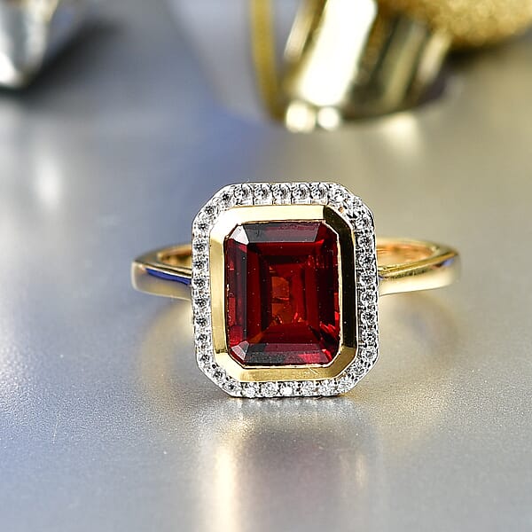 Shop Lc D'Joy Premium Mozambique Garnet And Moissanite 3.00 Ctw Passion Regal Ring In 18K Vermeil Yellow Gold Over Sterling Silver