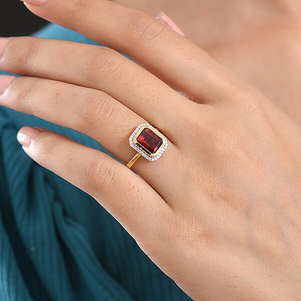 Shop Lc D'Joy Premium Mozambique Garnet And Moissanite 3.00 Ctw Passion Regal Ring In 18K Vermeil Yellow Gold Over Sterling Silver