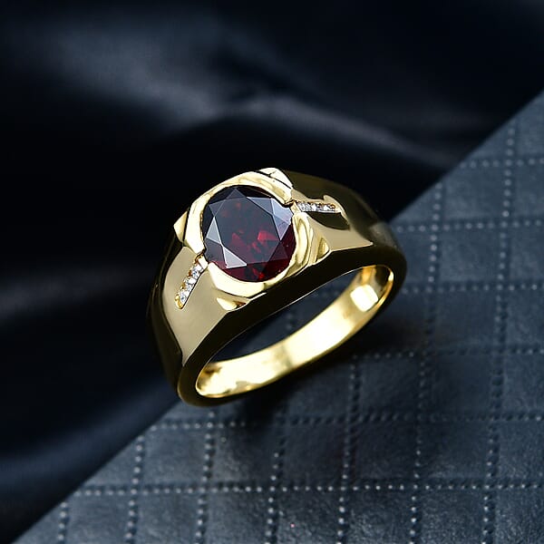 Shop Lc D'Joy Premium Mozambique Garnet And Moissanite 3.00 Ctw Fireforge Band Men's Ring In 18K Vermeil Yellow Gold Over Sterling Silver