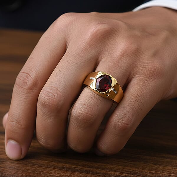 Shop Lc D'Joy Premium Mozambique Garnet And Moissanite 3.00 Ctw Fireforge Band Men's Ring In 18K Vermeil Yellow Gold Over Sterling Silver