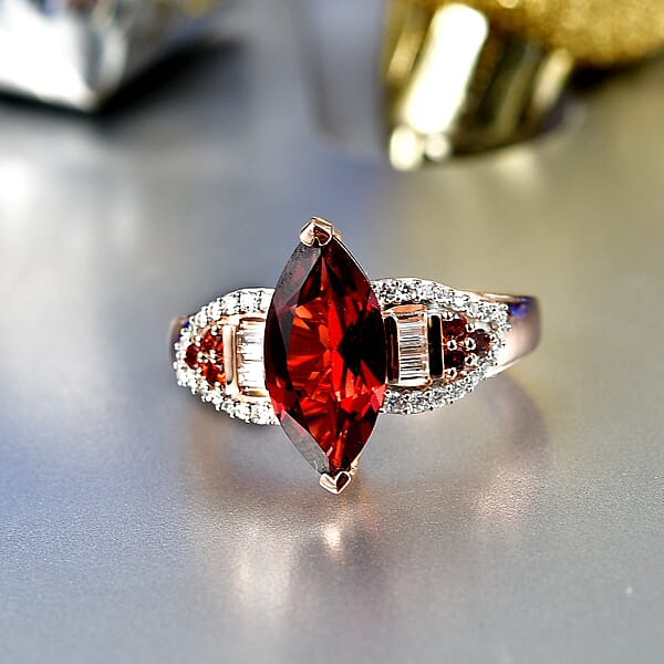 Shop Lc D'Joy Premium Mozambique Garnet And Moissanite 3.20 Ctw Deco Flame Ring In 18K Vermeil Rose Gold Over Sterling Silver