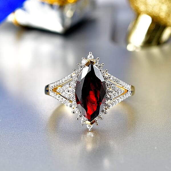 Shop Lc D'Joy Premium Mozambique Garnet And Moissanite 3.40 Ctw Flare Majesty Ring In 18K Vermeil Yellow Gold Over Sterling Silver