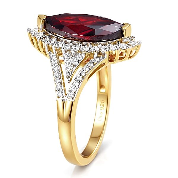 Shop Lc D'Joy Premium Mozambique Garnet And Moissanite 3.40 Ctw Flare Majesty Ring In 18K Vermeil Yellow Gold Over Sterling Silver