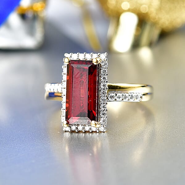Shop Lc D'Joy Premium Mozambique Garnet And Moissanite 3.90 Ctw Flare Luxe Ring In 18K Vermeil Yellow Gold Over Sterling Silver