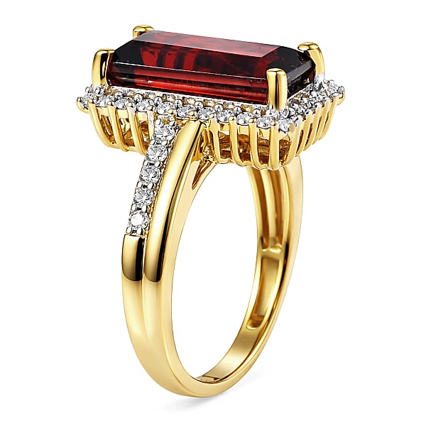 Shop Lc D'Joy Premium Mozambique Garnet And Moissanite 3.90 Ctw Flare Luxe Ring In 18K Vermeil Yellow Gold Over Sterling Silver