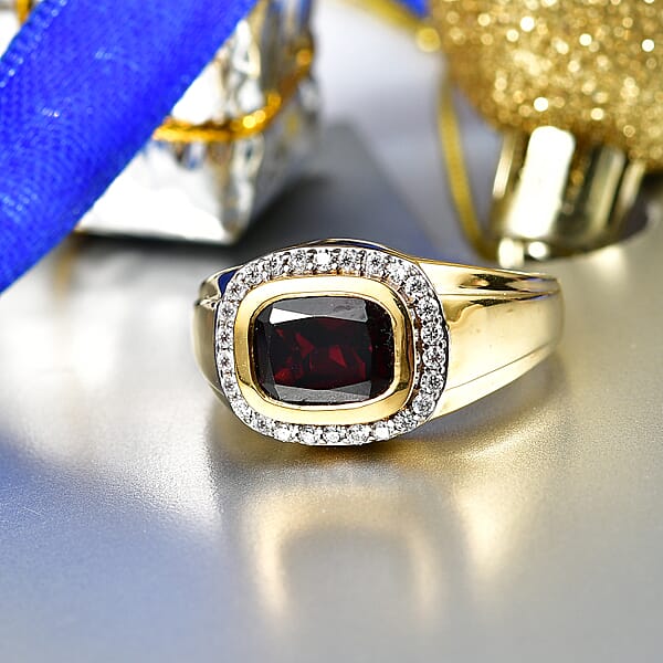 Shop Lc D'Joy Premium Mozambique Garnet And Moissanite 4.00 Ctw Men's Ring In 18K Vermeil Yellow Gold Over Sterling Silver