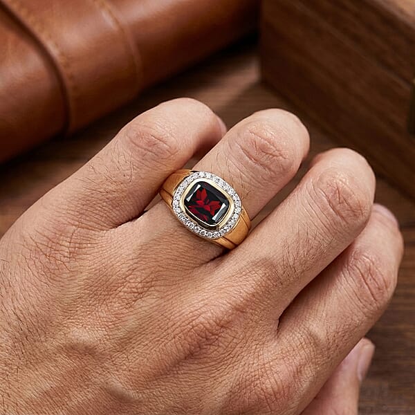 Shop Lc D'Joy Premium Mozambique Garnet And Moissanite 4.00 Ctw Men's Ring In 18K Vermeil Yellow Gold Over Sterling Silver